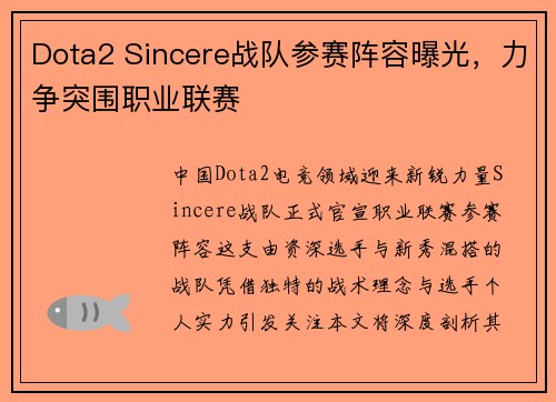 Dota2 Sincere战队参赛阵容曝光，力争突围职业联赛